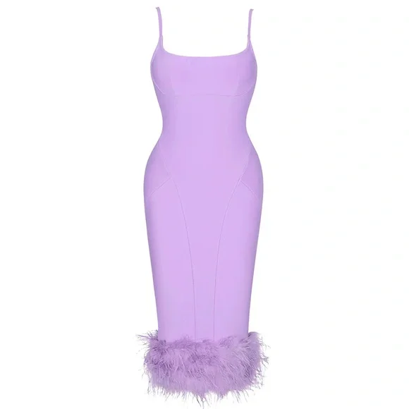 Elegant Deep Lavender Bandage Body-Con Midi Dress with Feather Detail.  NWT. - Picture 3 of 4